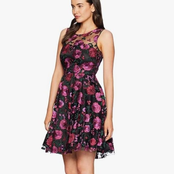 Tahari ASL Floral Embroidered-Mesh Illusion Fit & Flare Dress - Picture 7 of 8